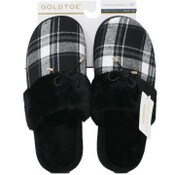 Wholesale - S-XL WOMEN BLK PLAID SLIPPER W/FAUX FUR COLLAR GOLD TOE C/P 18, UPC: 194587673457